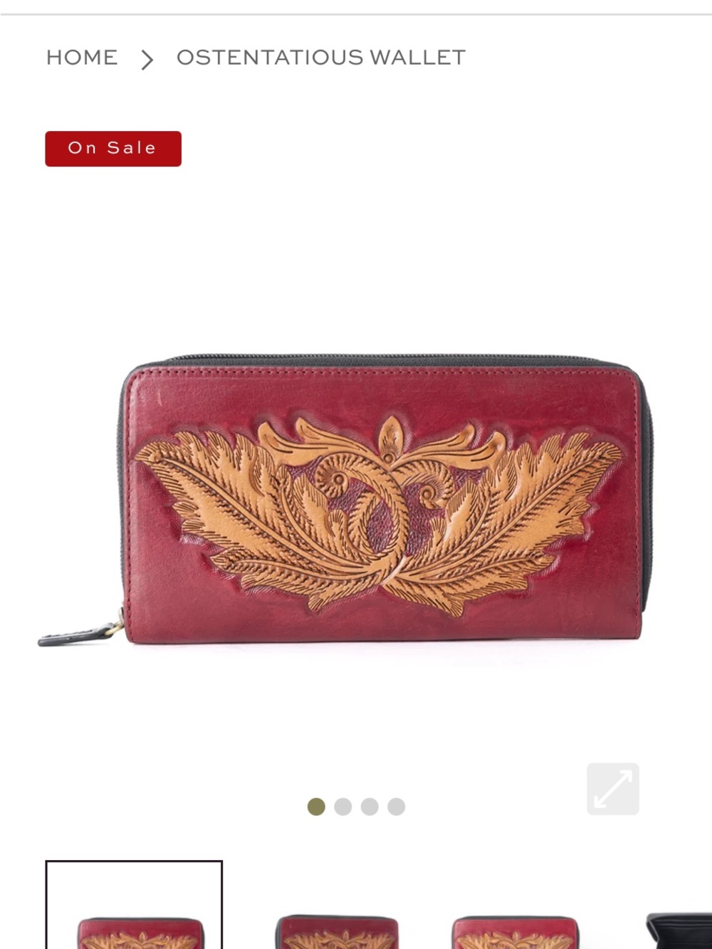 Myra Bag Red Leather Zip Wallet with Tan Floral Tooling